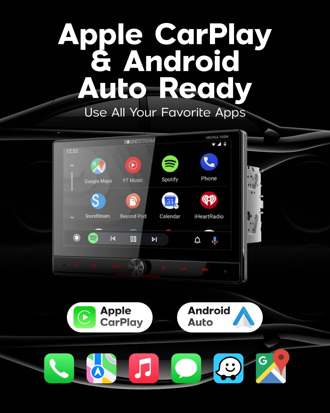 Soundstream Double DIN VRCPAA-106M Car Stereo - Apple CarPlay & Android Auto Head Unit, 10.6” Floating Touchscreen Car Stereo with Bluetooth, Aux Input, USB, SD, Mechless Headunit (No Disc/DVD Drive)