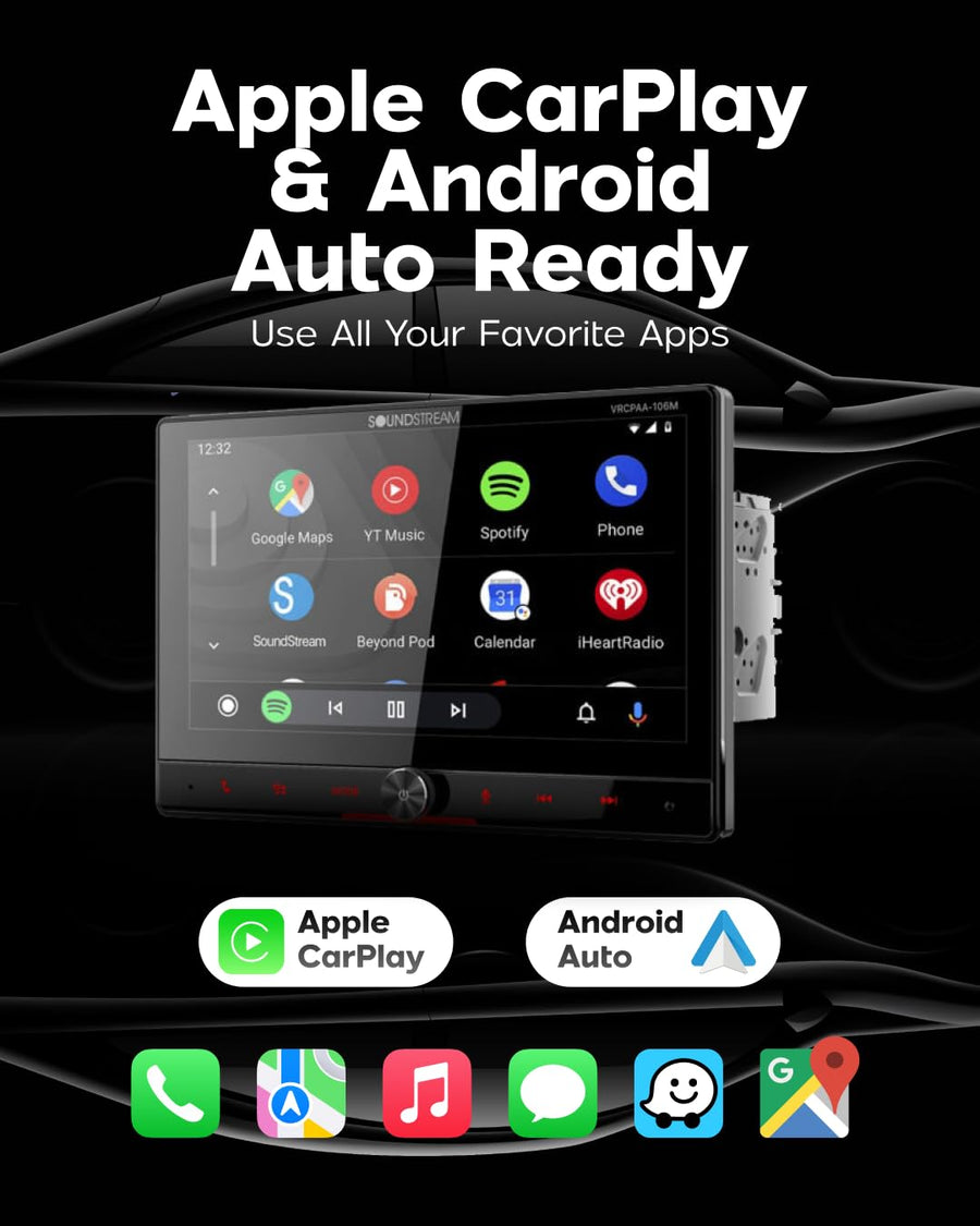 Soundstream Double DIN VRCPAA-106M Car Stereo - Apple CarPlay & Android Auto Head Unit, 10.6” Floating Touchscreen Car Stereo with Bluetooth, Aux Input, USB, SD, Mechless Headunit (No Disc/DVD Drive)