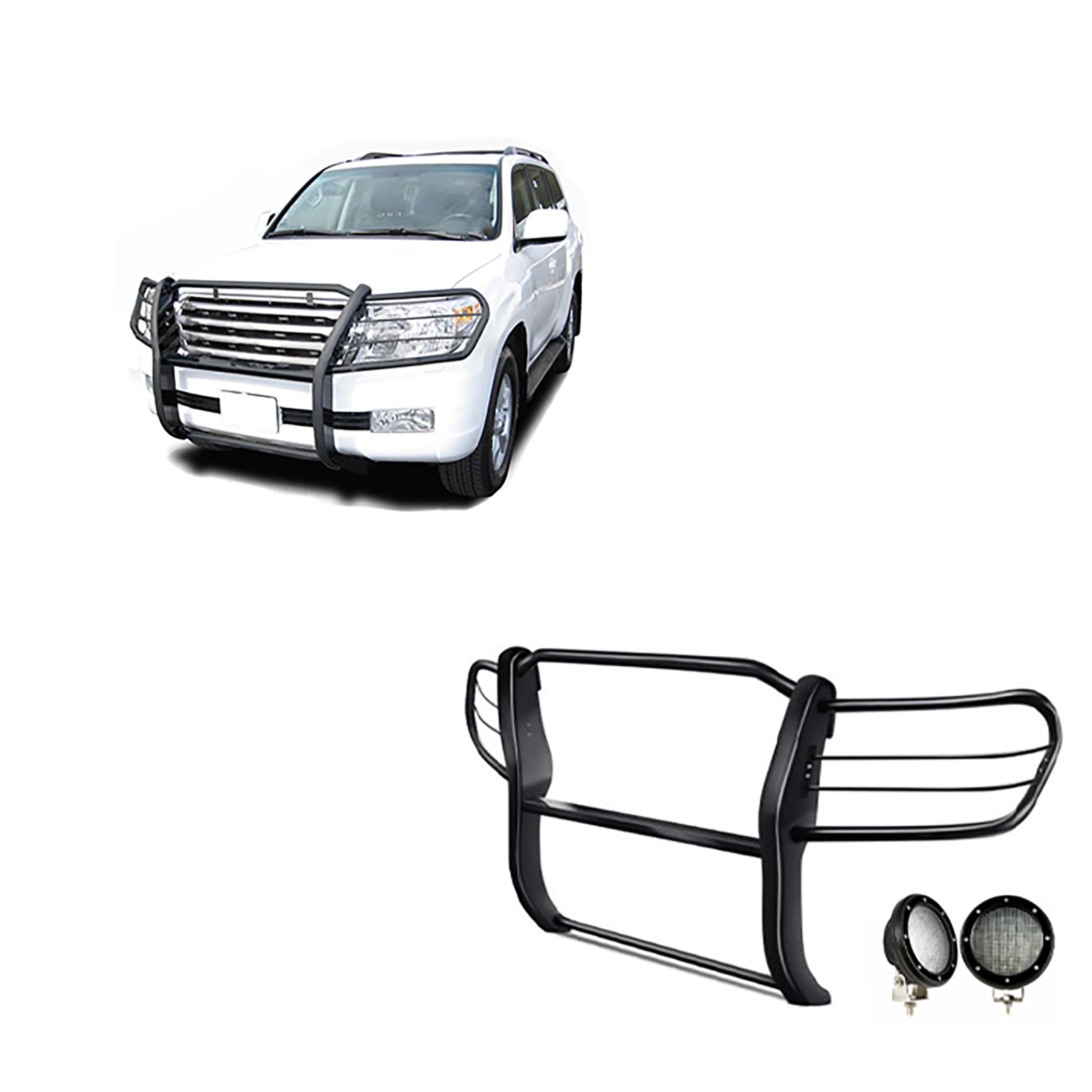 Black Horse Grille Brush Modular Bumper Guard Black Come with Pair of 5.3" Dia.LED Lights with Black Trim Rings Compatible with 1998-2007 Toyota Land Cruiser-17SG598MA-PLFB