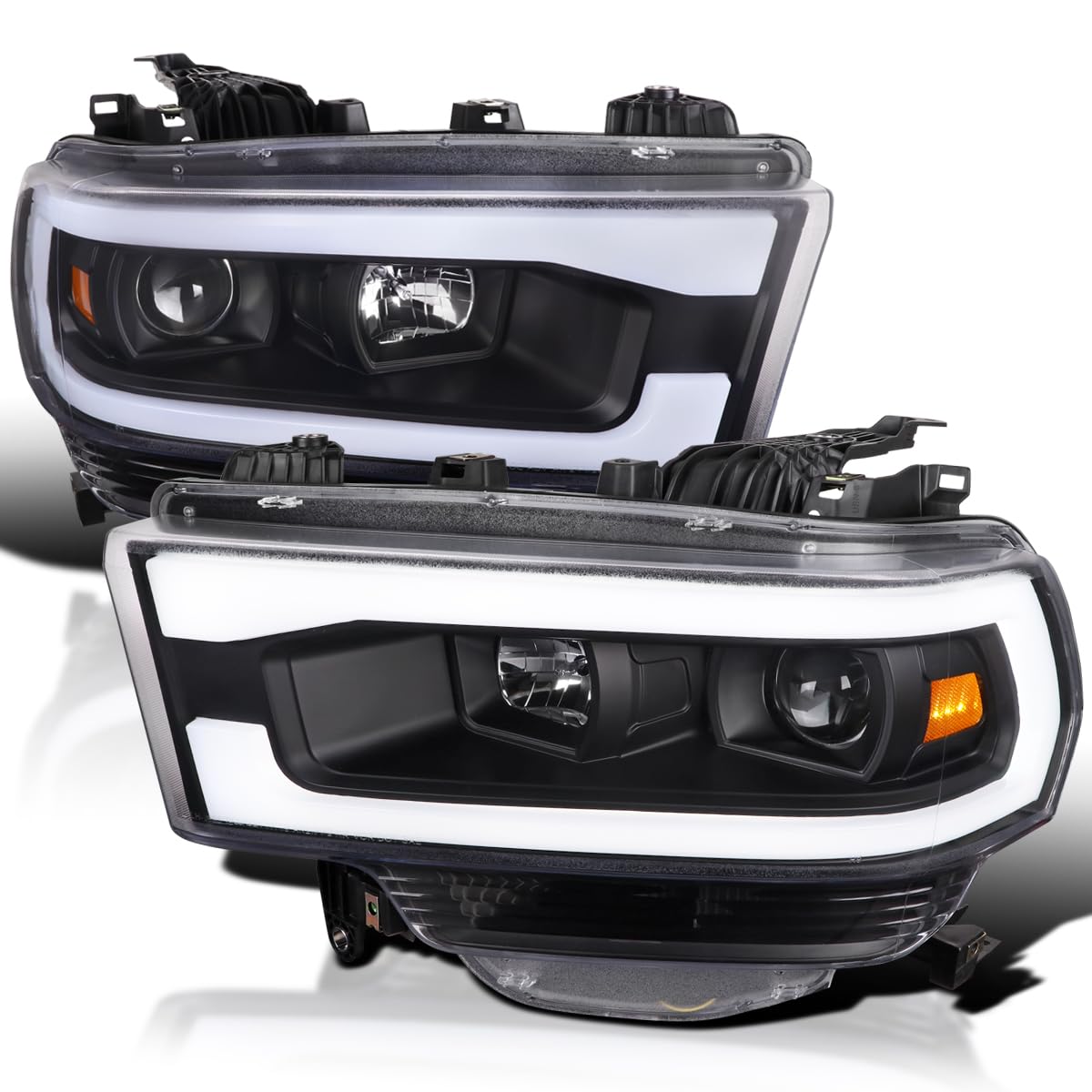 Black Projector Headlights w/LED Bar SPEC-D TUNING Compatible with 2019-2024 Dodge Ram 2500, 3500, 4500, Left + Right Pair Headlamps Assembly