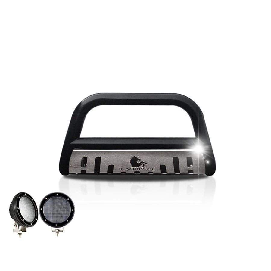 Bull Bar Black Horse Skid Plate Come with Pair of 5.3" Dia. LED Flood Lights with Black Trim Rings Compatible with 2007-2012 Hyundai Santa Fe-CBBS-HYB6201SP-PLFB