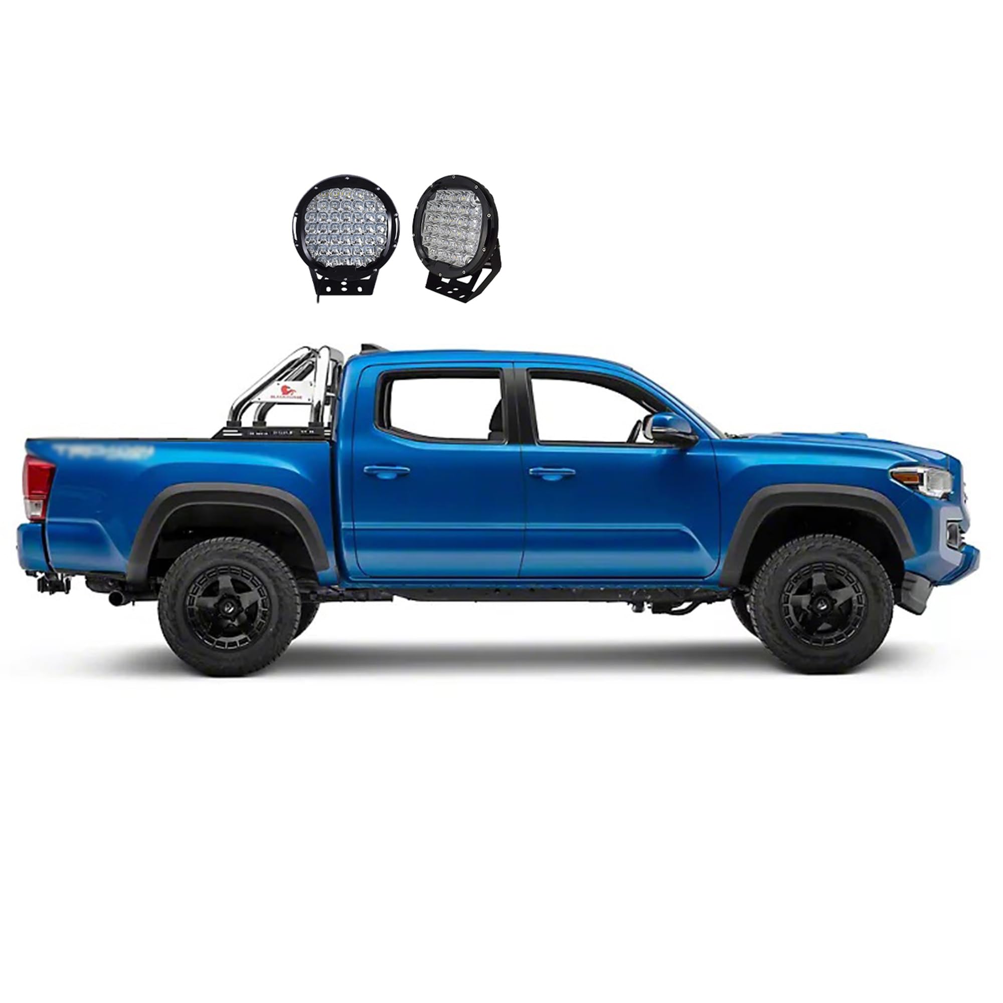 Classic Black Horse Roll Bar Incl.Set of 9 Black Round LED Light Stainless Steel Compatible with 2015-2022 GMC Canyon|2015-2022 Chevrolet Colorado-RB005SS-PL69B