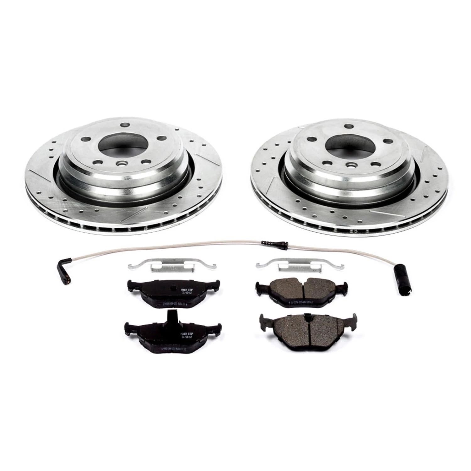 Power Stop K3125 Rear Brake Pads Z23 Carbon Fiber with Drilled & Slotted Brake Rotors Kit and 1 Rear Sensor Wire For BMW 525i, BMW 528i, BMW 530i, BMW 540i [Model Specific]