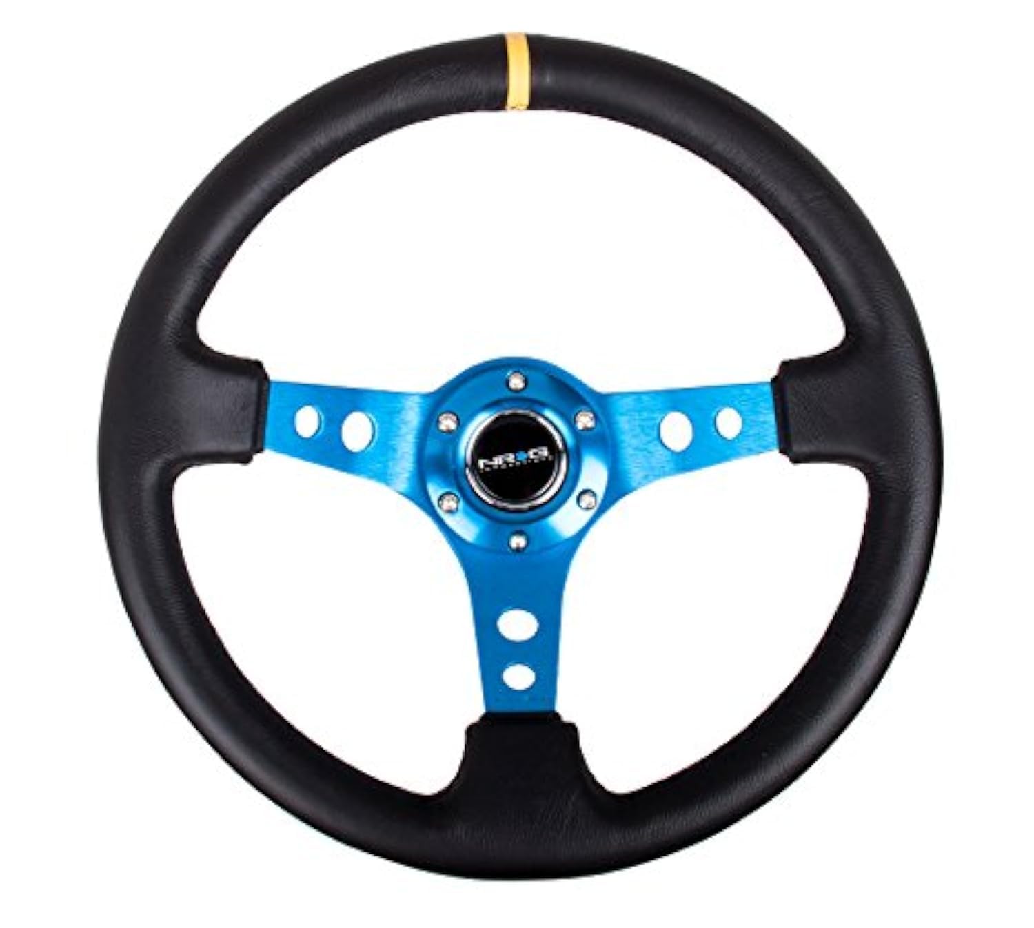 NRG Innovations Reinforced NRG-RST-006BL-Y Steering Wheel - 350mm 75mm Deep Racing Steering Wheels Blue Spoke with Round holes/Black Leather and Yellow Center Stripe