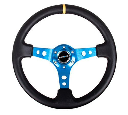 NRG Innovations Reinforced NRG-RST-006BL-Y Steering Wheel - 350mm 75mm Deep Racing Steering Wheels Blue Spoke with Round holes/Black Leather and Yellow Center Stripe