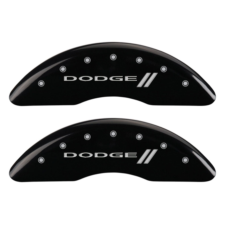 MGP Caliper Covers Black Powder Coat Finish 12124SDD3BK Front and Rear Caliper Cover, Set of 4 (With stripes/Dodge Silver Characters, Engraved)