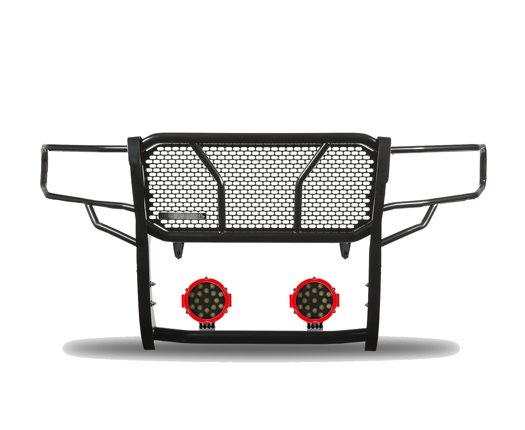 Heavy Duty Black Horse Rugged Grille Brush Bumper Guard Modular Black Come with Pair of 7.0" Dia.LED Lights with Red Trim Rings Compatible with 2016-2023 Toyota Tacoma-RU-TOTA16-B-PLR
