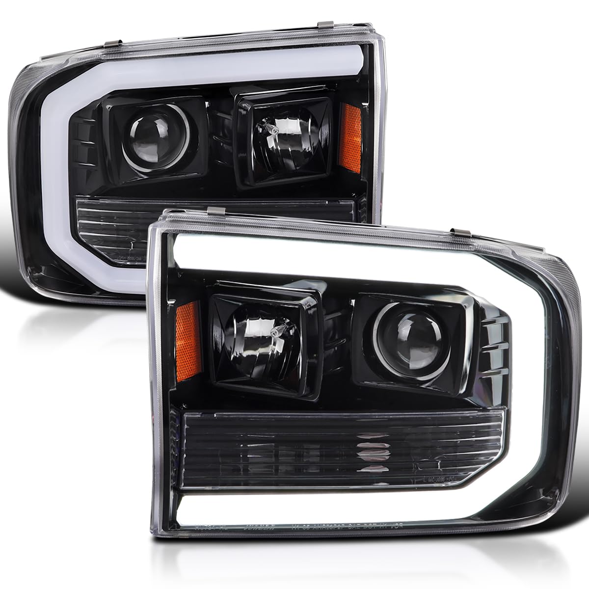 Jet Black SPEC-D TUNING Projector Headlights w/LED Tube Compatible with 1999-2004 Ford F-250, F-350, F-450 SuperDuty, Left + Right Pair Headlamps Assembly