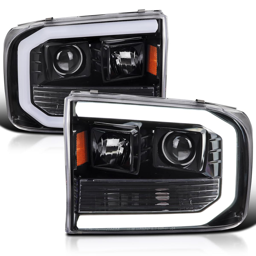 Jet Black SPEC-D TUNING Projector Headlights w/LED Tube Compatible with 1999-2004 Ford F-250, F-350, F-450 SuperDuty, Left + Right Pair Headlamps Assembly