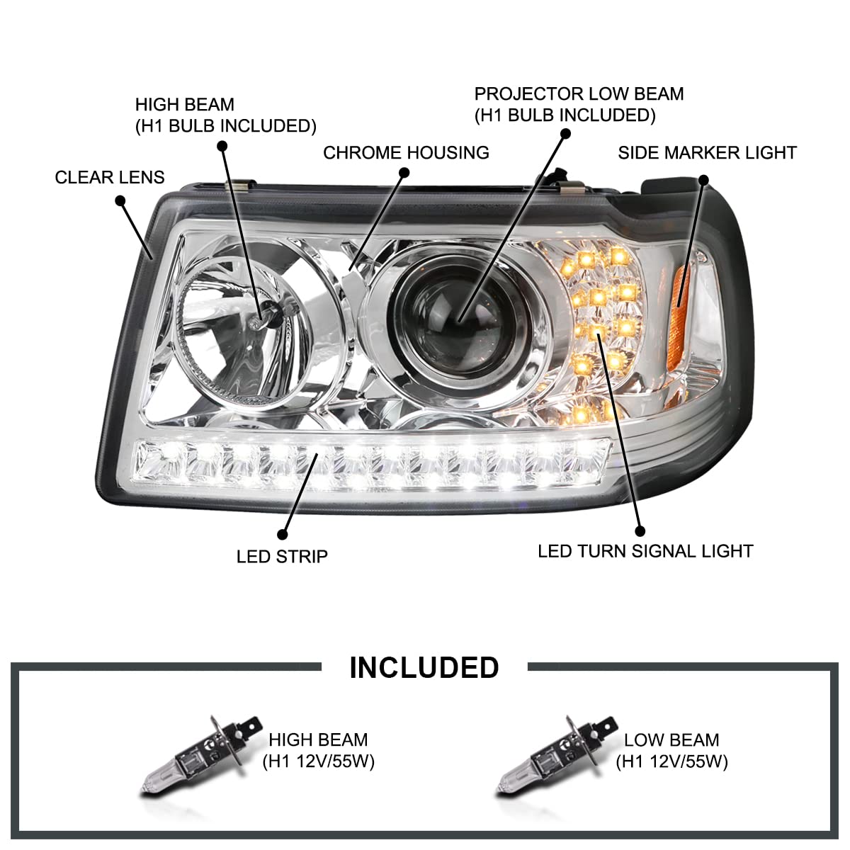 Chrome Projector Headlights w/LED Strip and LED Turn Signal SPEC-D TUNING Compatible with 2001-2011 Ford Ranger, Left + Right Pair Headlamps Assembly