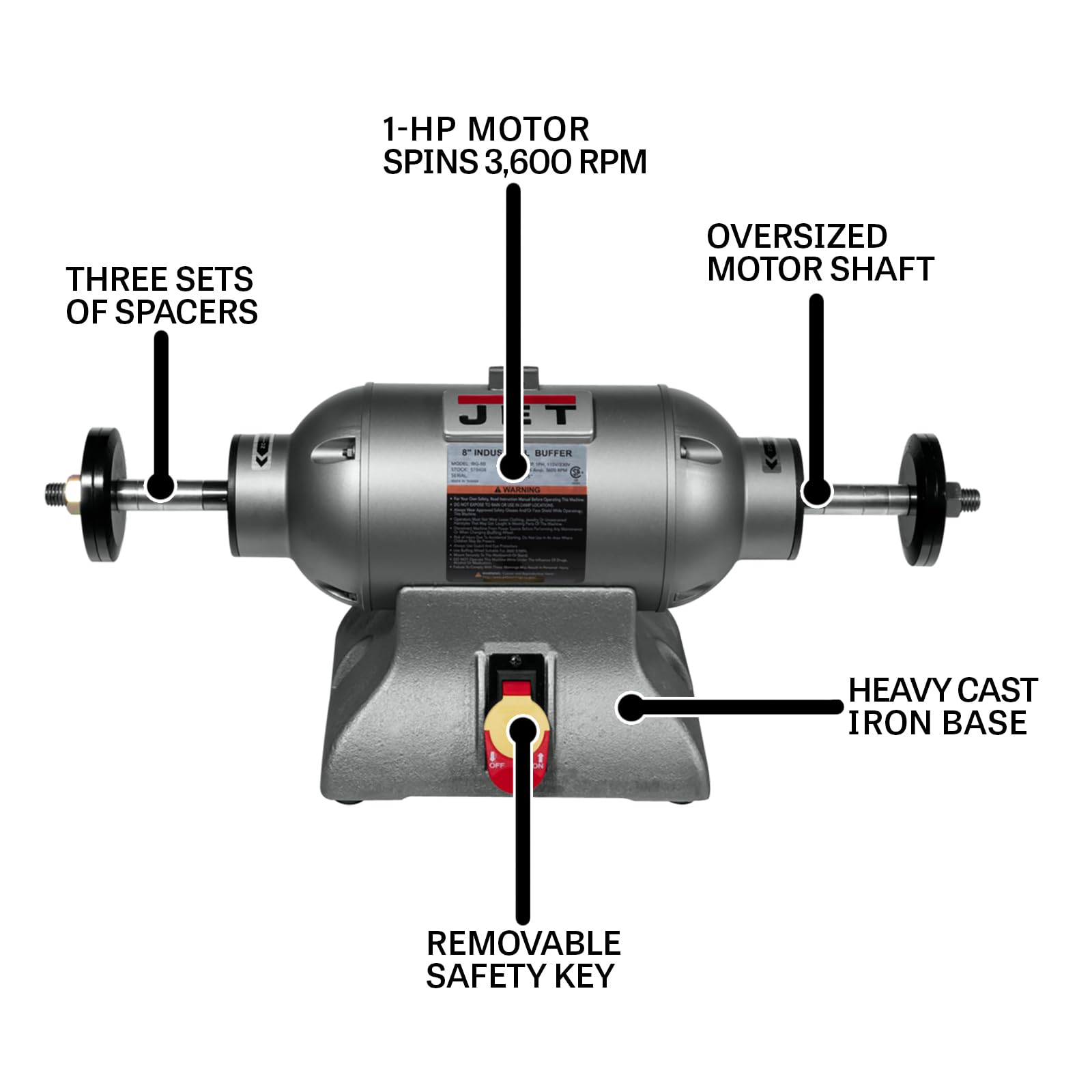 JET 8-Inch Buffer Industrial, 3600 RPM, 1 HP, 115V 1Ph (Model IBG-8SSB)