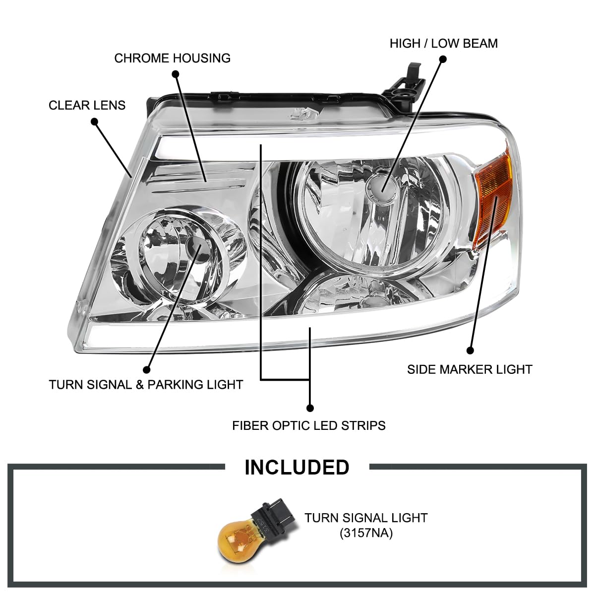 Chrome Headlights SPEC-D TUNING w/LED Bar Strip Compatible with 2004-2008 Ford F-150, 2006-2008 Lincoln Mark LT L+R Pair Head Light Lamp Assembly