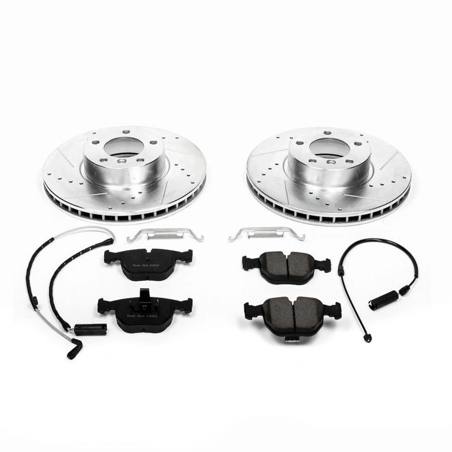 Power Stop K944 Front Brake Pads Z23 Carbon Fiber with Drilled & Slotted Brake Rotors Kit and 1 Front Sensor Wire For BMW 530i 2001-2003, BMW 540i 2000-2003 [Model Specific]