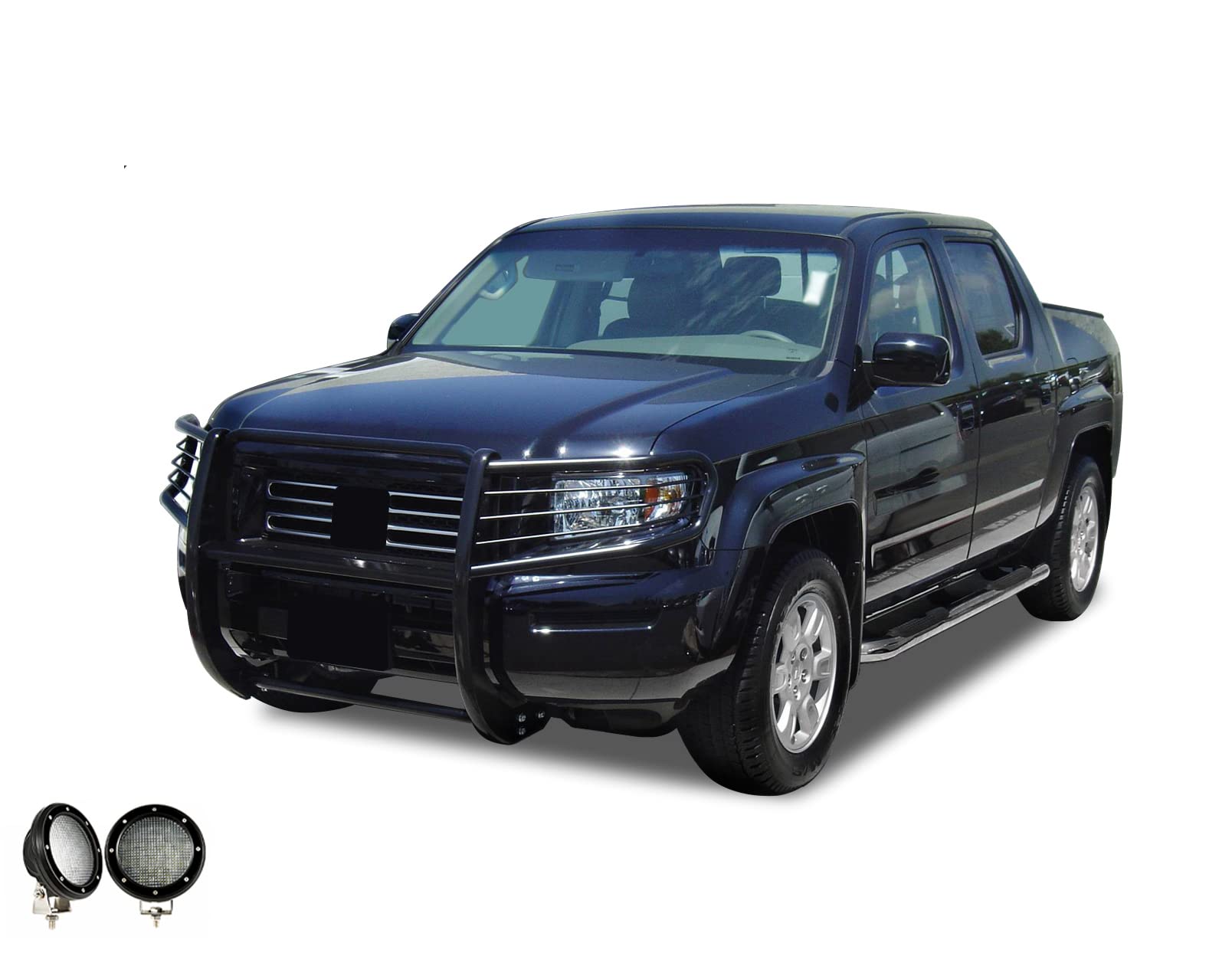Grille Brush Black Horse Bumper Guard Modular Come with Pair of 5.3" Dia.LED Lights with Black Trim Rings Compatible with 2006-2014 Honda Ridgeline-17A152500A1MA-PLFB