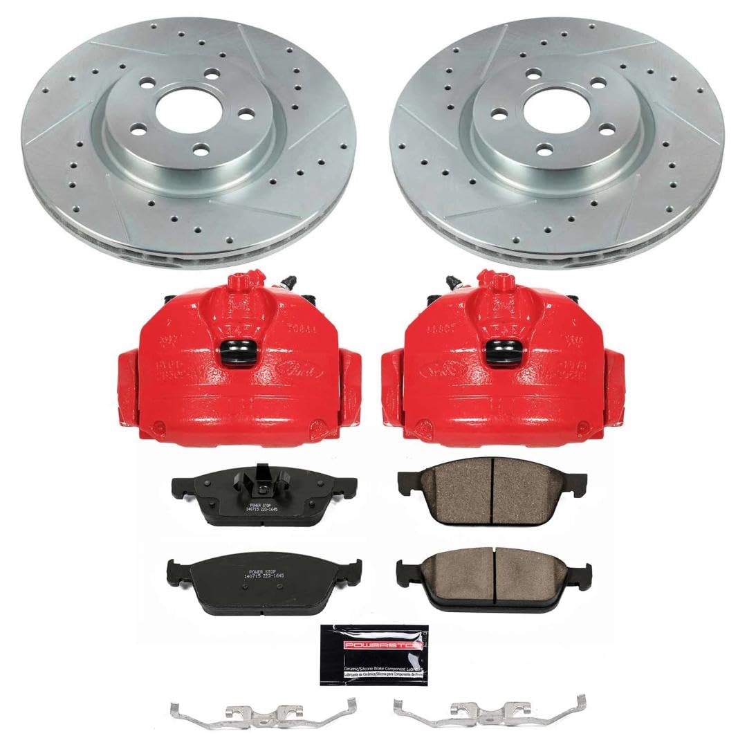 Power Stop Z23 KC8175 Front Brake Caliper Kit-Drilled/Slotted Rotors, Carbon Ceramic Brake Pads, Calipers For Ford Transit Connect 2018-2023 [Model Specific]