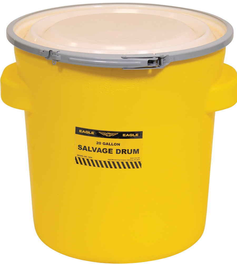20 Gallon Eagle Plastic Drum with Lid, Metal Lever-Lock, 20.4"x20.9", Salvage Drum Made of Durable, Lightweight HDPE, Withstands Weather and Chemicals, Made in USA, Yellow, 1654