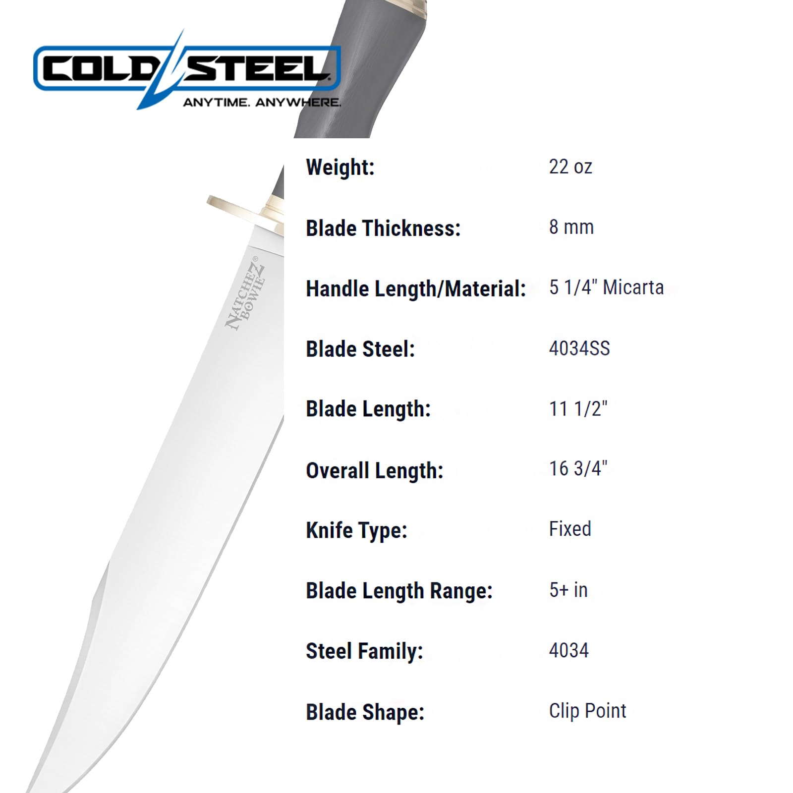 Cold Steel Bowie Natchez 11.5" 4034SS Steel Razor-Sharp Clip Point Blade 5.25" Micarta Handle Fixed Blade Hunting Knife w/Sheath