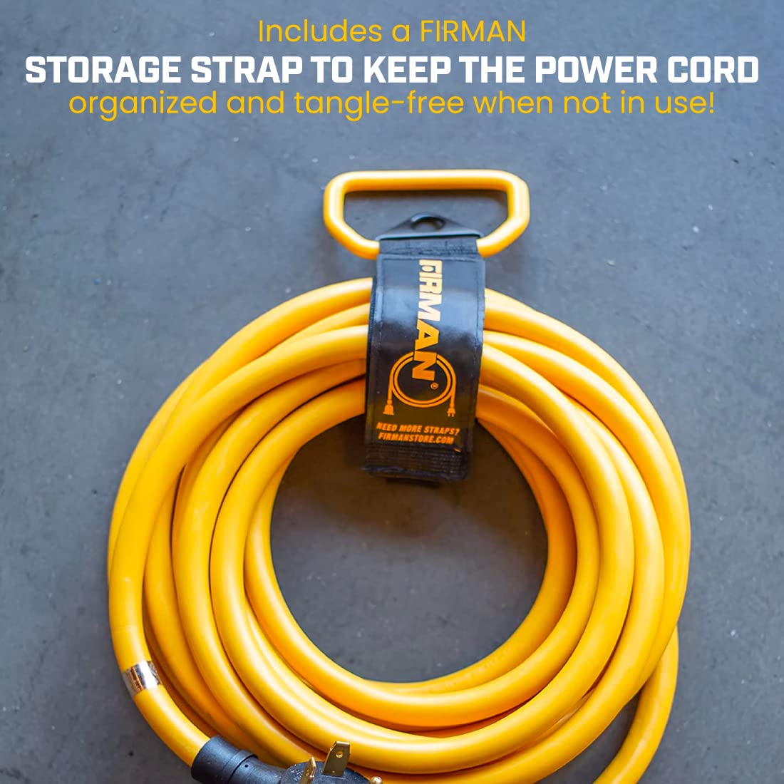 Power Cord Firman with Storage Strap, 10AWG, 30 AMP Wiring, Fully Insulated RV Extension Cord, TT-30P Plug to TT-30R Outlet, Pack of 1, 25 ft.