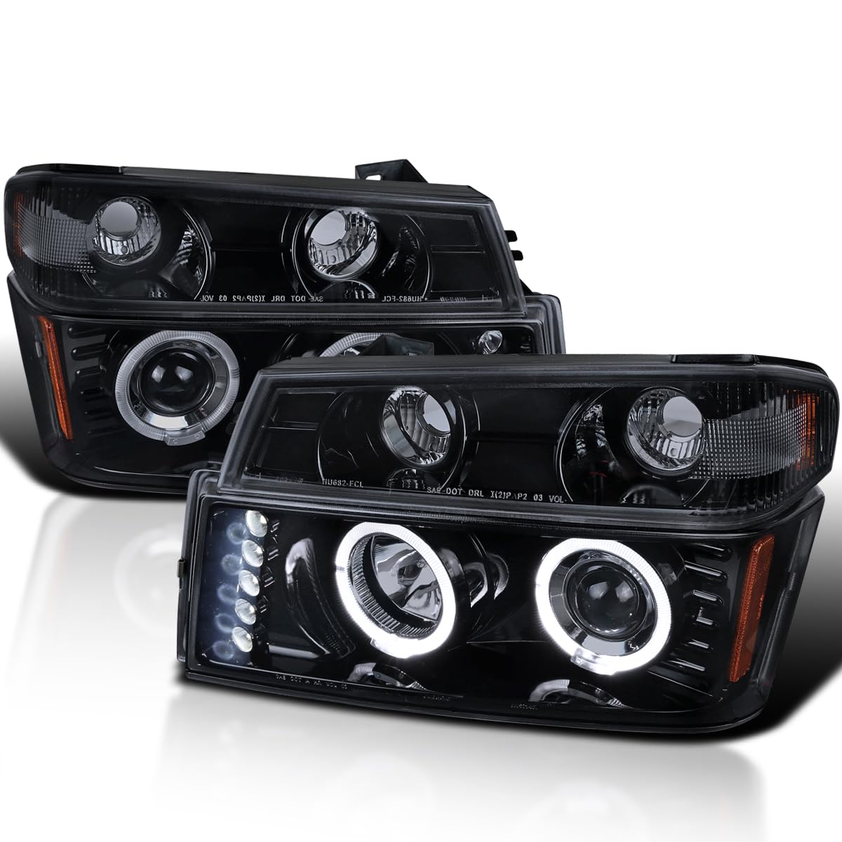 Glossy Black Smoke LED Halo Projector Headlights + Bumper Lights SPEC-D TUNING Compatible with 2004-2012 Chevy Colorado, 2004-2012 GMC Canyon, Left + Right Pair Headlamps Assembly
