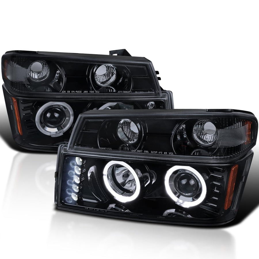 Glossy Black Smoke LED Halo Projector Headlights + Bumper Lights SPEC-D TUNING Compatible with 2004-2012 Chevy Colorado, 2004-2012 GMC Canyon, Left + Right Pair Headlamps Assembly