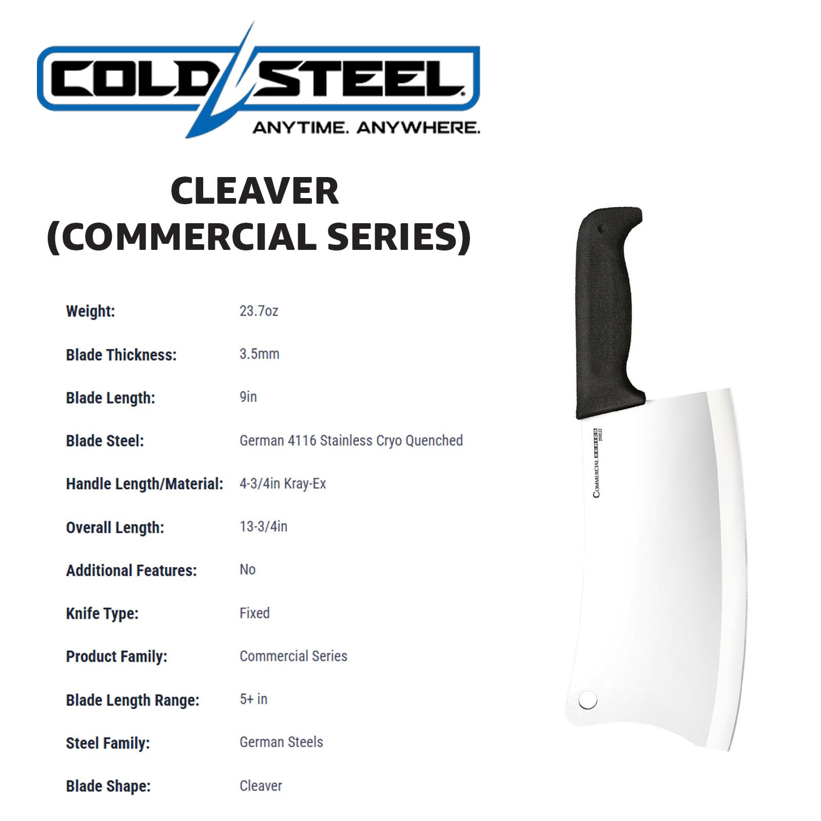 Cold Steel 9" Cleaver Durable Cryo-Quenched German 4116 Stainless Steel Fixed Blade Knife with Kray-Ex Handle Heavy Duty Commercial Grade for Butchery, Kitchen, Hunting & Field Use