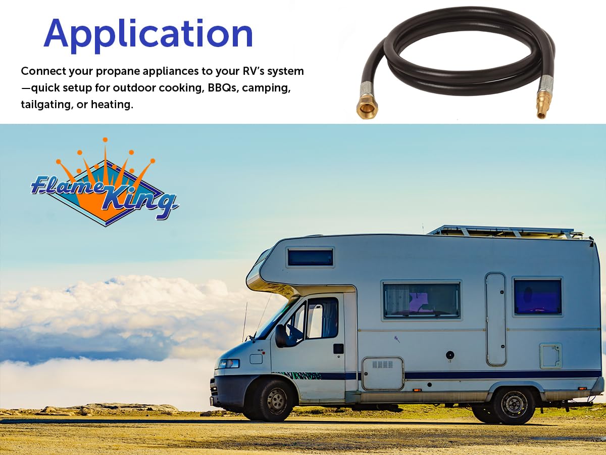 48-inch Flame King Propane Thermo Plastic Hose Assembly, 1/4" Male Quick Disconnect Plug × 3/8" Female Flare Swivel, with 1/4" ID Hose for RV, Van, and Trailer