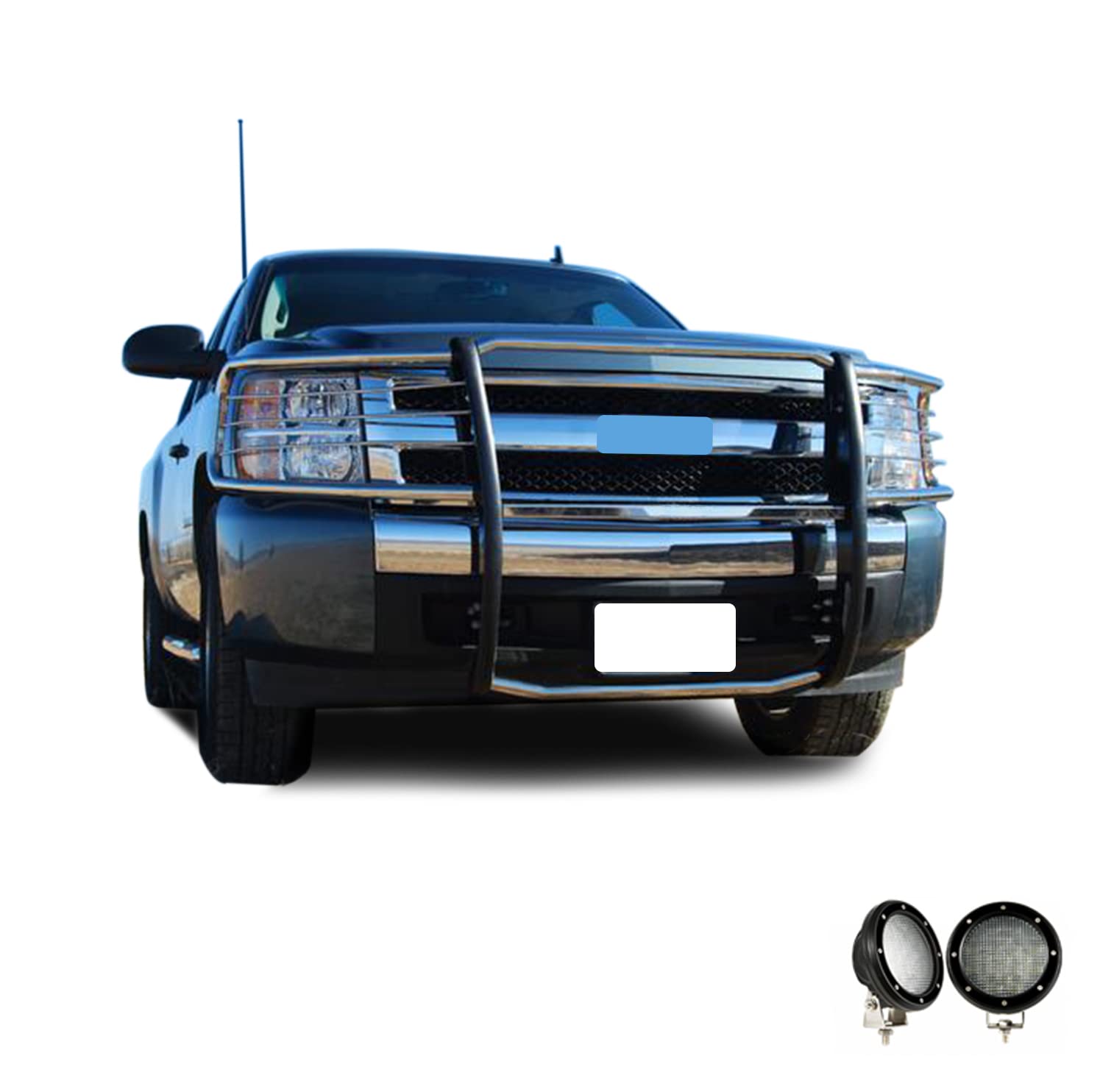 Grille Brush Black Horse Bumper Guard Modular Stainless Steel Come with Pair of 5.3" Dia.LED Lights with Black Trim Rings Compatible with 2007-2013 Chevrolet Silverado 1500-17A035700A2MSS-PLFB