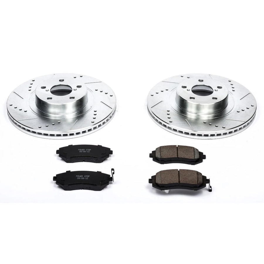 Power Stop K3038 Z23 Carbon Fiber Brake Pads Front with Drilled & Slotted Brake Rotors Kit For Subaru Baja, Subaru Forester, Subaru Impreza, Subaru Legacy, Subaru Outback [Model Specific]