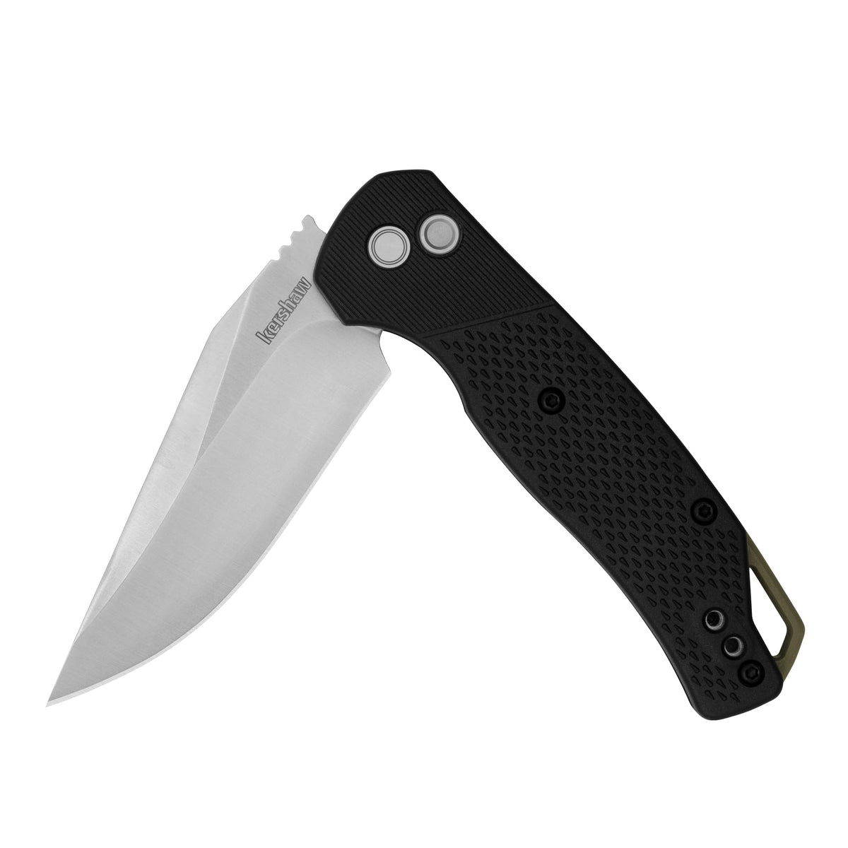 Kershaw Folding Runoff Pocket Knife, 3.1 inch Satin Finish Clip Point Blade, Black GFN handle, Manual Opening, Button Lock Locking Mechanism, Olive Backspacer, Pocketclip