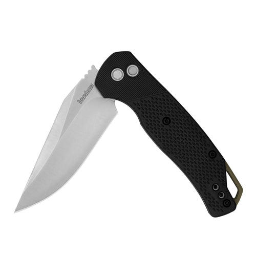 Kershaw Folding Runoff Pocket Knife, 3.1 inch Satin Finish Clip Point Blade, Black GFN handle, Manual Opening, Button Lock Locking Mechanism, Olive Backspacer, Pocketclip
