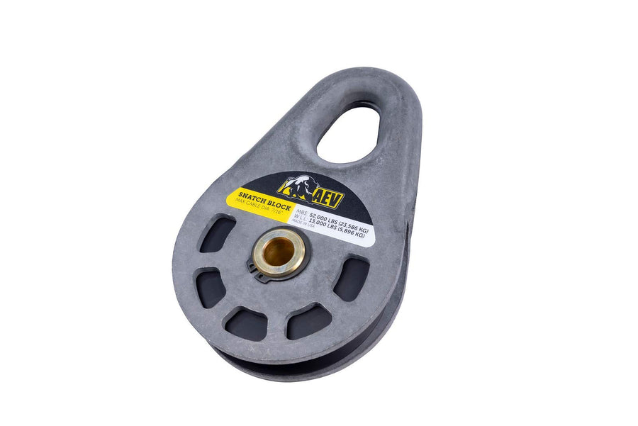 Snatch Block AEV Mid-Size/Full-Size - Breaking Strength: 52,000lbs Snatch Block can be Used with Both a Traditional Steel Cable or a Synthetic Winch line Max Cable Diameter: 7/16"
