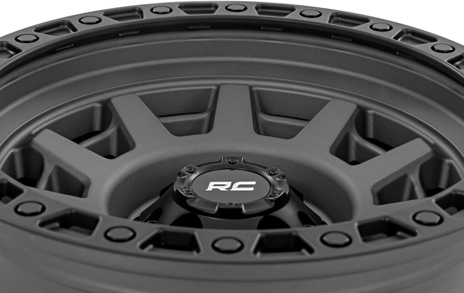 17x9 Rough Country 85 Series Wheel - 8x6.5" Bolt Pattern, 0mm Offset, Gunmetal Gray with Black Simulated Beadlock, One-Piece Aluminum Off-Road Wheel