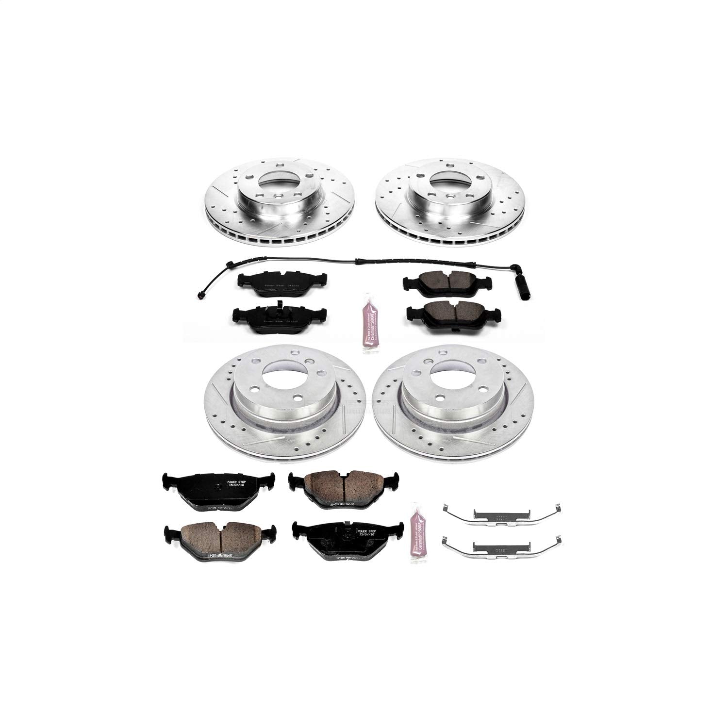 Power Stop K507 Z23 Carbon Fiber Brake Pads with Front and Rear Drilled & Slotted Brake Rotors Kit