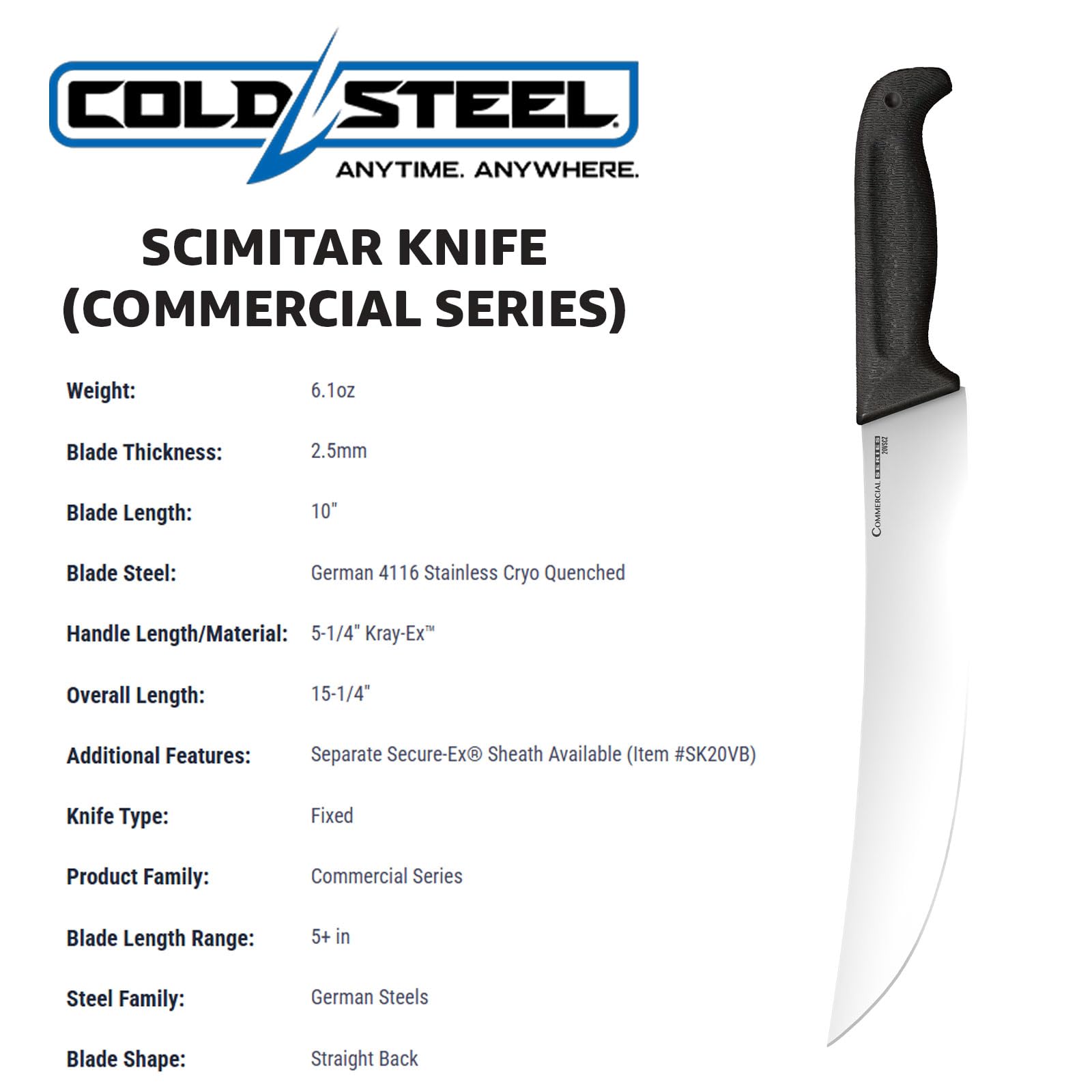 10" Cold Steel Scimitar Knife | Durable German 4116 Stainless Steel Fixed Blade Knife with Ergonomic Kray-Ex Handle | Precision Cutting Tool for Chefs, Butchers & Outdoor Use | Commercial Series