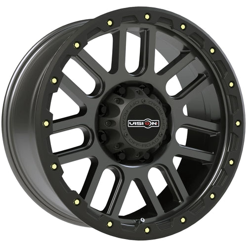 Vision Wheels 111 Nemesis Style: Finish: Gunmetal w/yellow Zinc Bolts, Wheel Size Inches: 17X9 PCD 8-6.5" Load Rating LBS. 3650