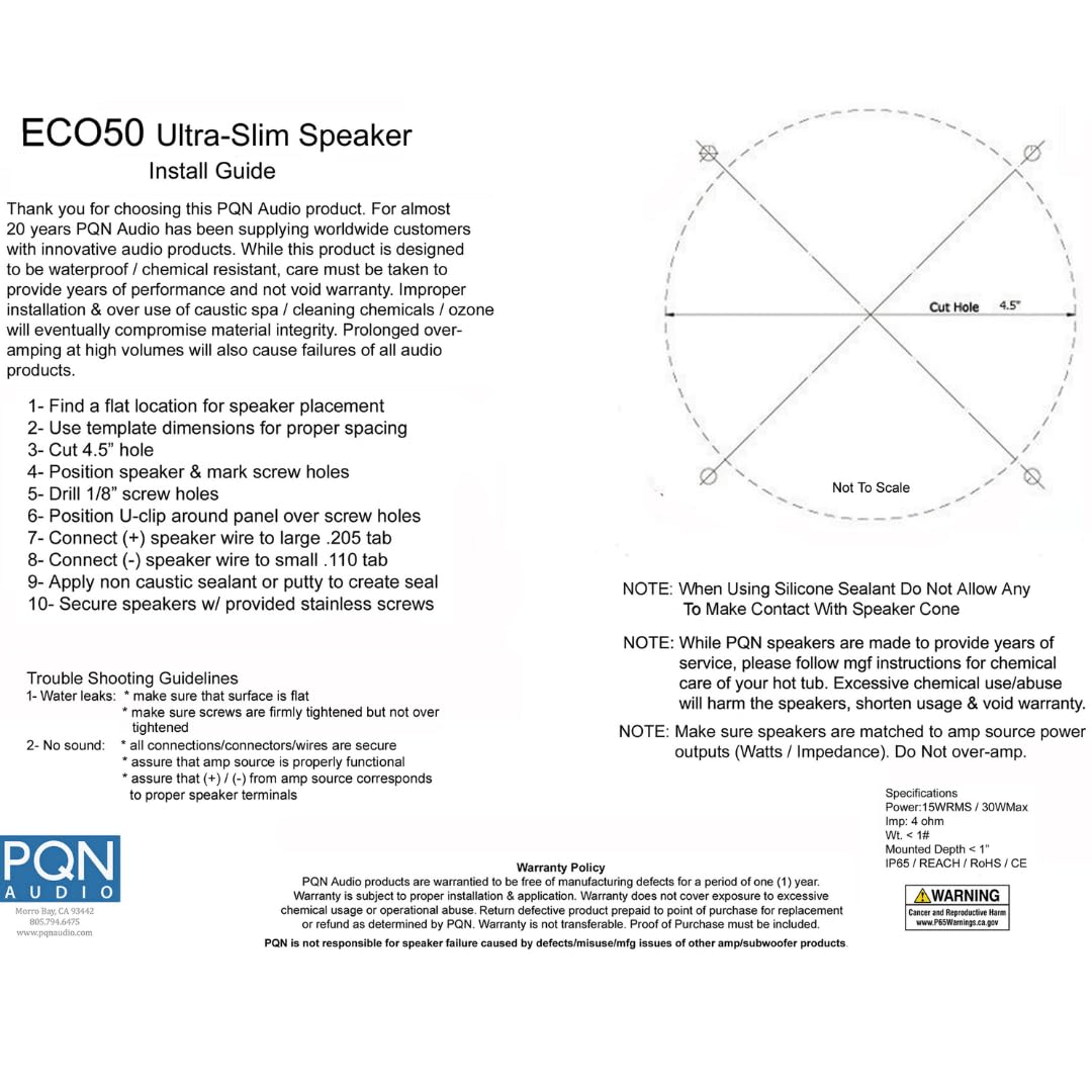 PQN Audio 5 inch Eco50-4BK Ultra Slim Waterproof Marine Speaker for RV, Camper, Cabinet and Hot tub. Chemical and UV Resistant. Wall and Floor Mount Outdoor Speakers (Black)