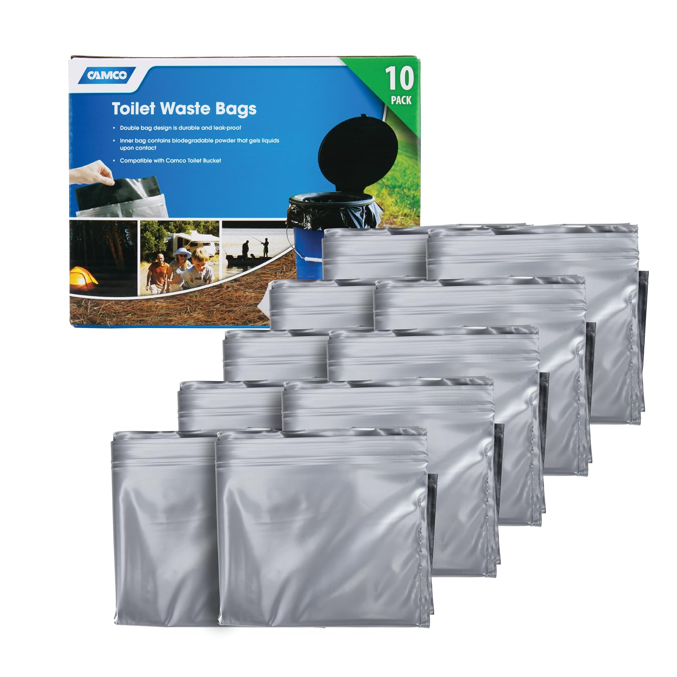 Camco Waste Bags Toilet - Features a Biodegradable Powder & Leak Proof Double Bag Design - Great for Camping, RVing, Hiking, or Boating - 10-Pack (41548)