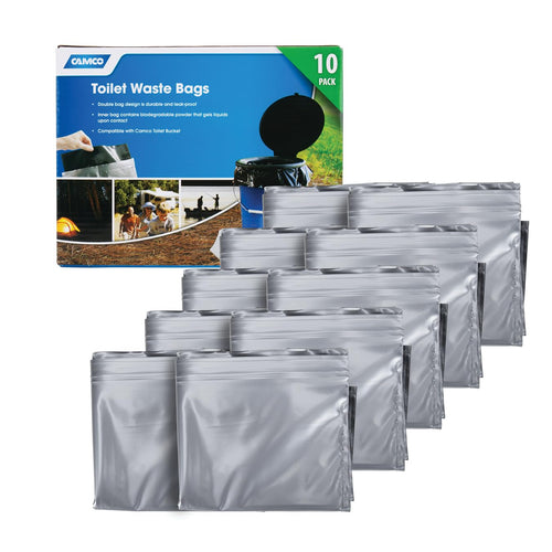 Camco Waste Bags Toilet - Features a Biodegradable Powder & Leak Proof Double Bag Design - Great for Camping, RVing, Hiking, or Boating - 10-Pack (41548)