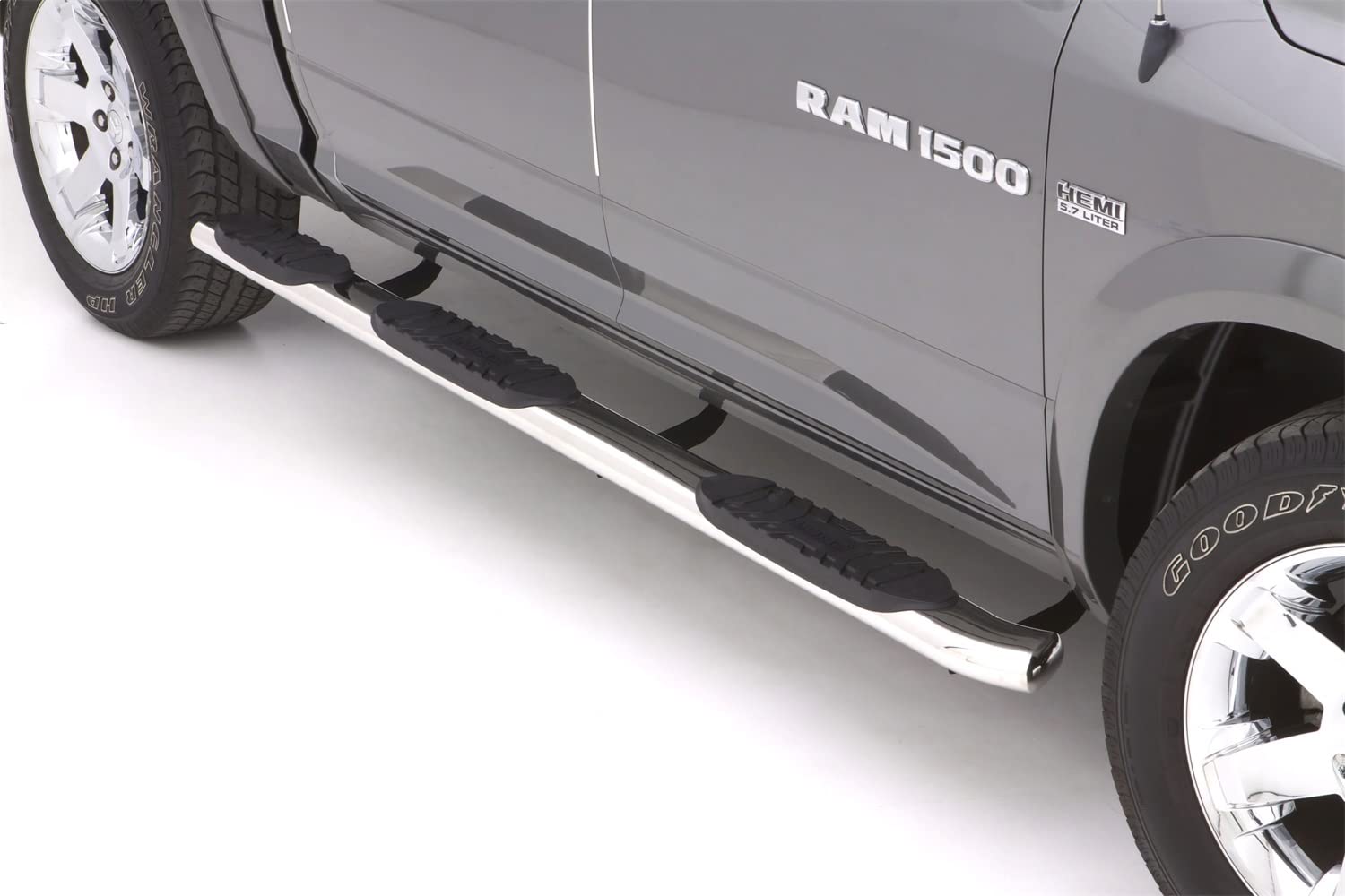 Lund RealTruck 24497043 Polished Stainless Steel 5" Oval Wheel-to-Wheel Nerf Bars for 2009-2018 Dodge Ram 1500 Crew Cab with 5.5' Bed; Rocker Panel Mount