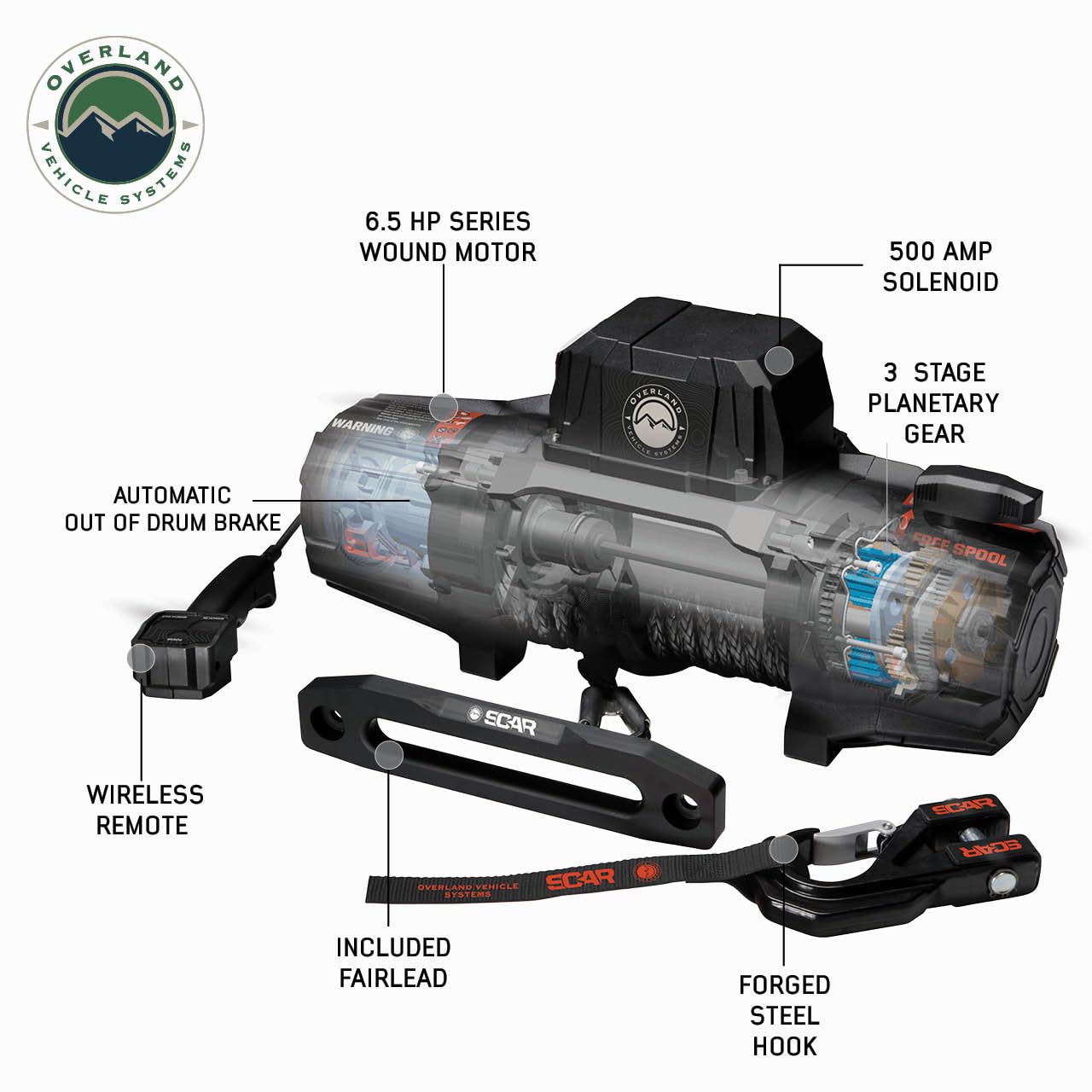 Scar 12 Overland Vehicle Systems Off Road Recovery Winch 12,000lb Steel Cable and Wireless Remote