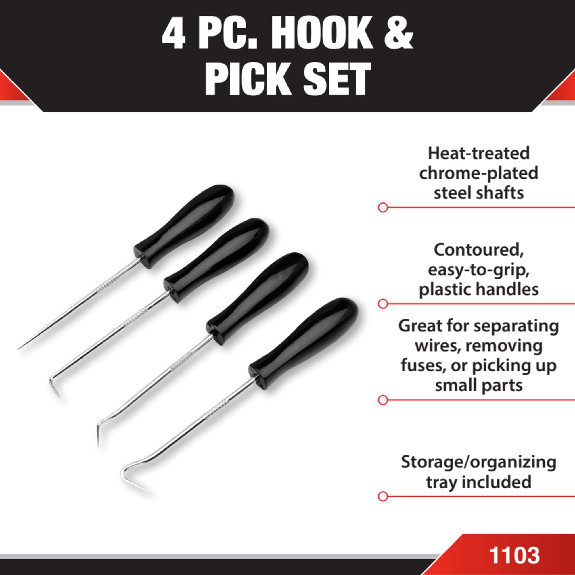 4-Piece Performance Tool Hook & Pick Set - Mark Metal or Plastic, Separate Wiring, Remove Fuses, Pick Up Small Parts and Washers