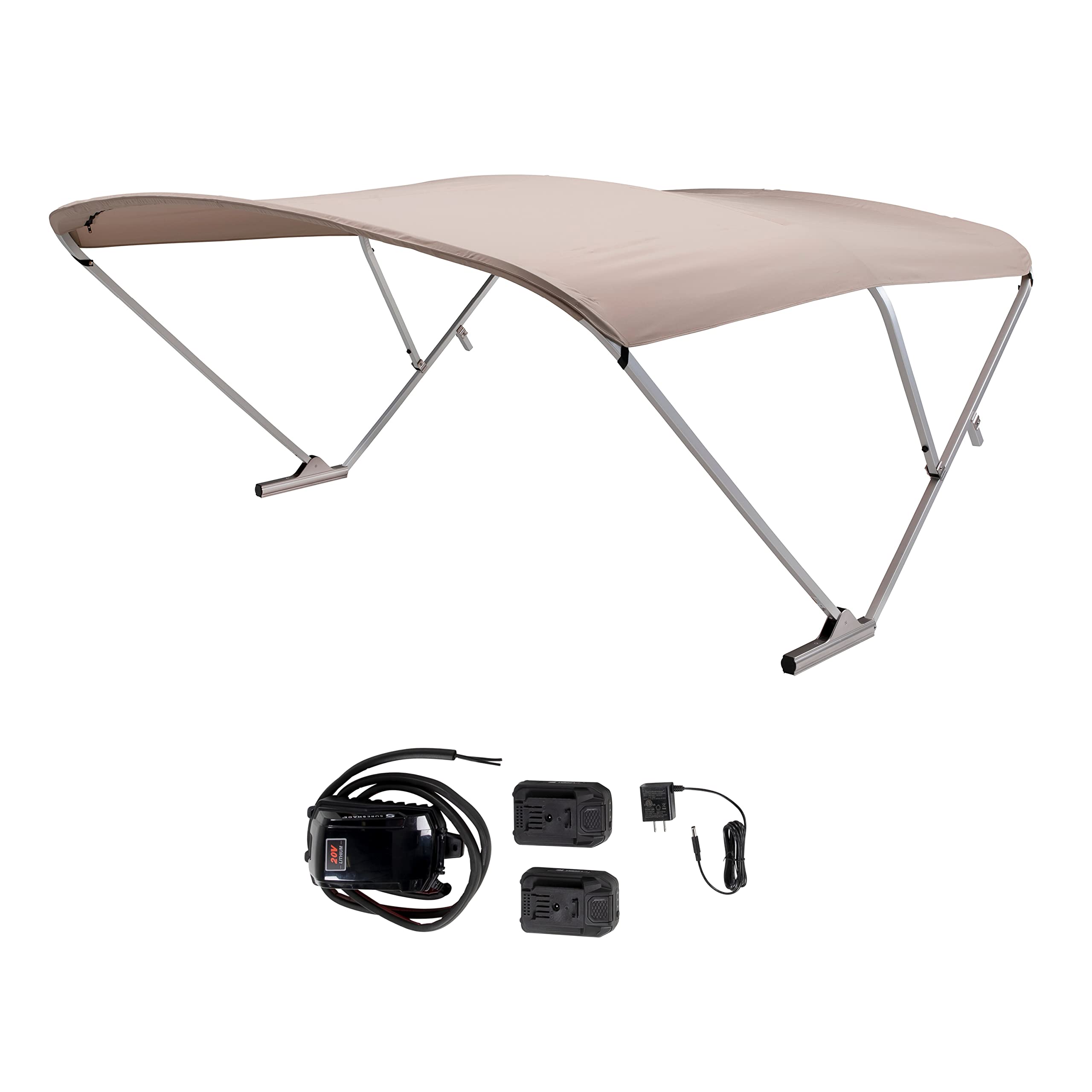 SureShade Electric Bimini Power Shade System for Pontoon Boats with Manual or No Biminis, 92-102" Wide, 20V Powered, Fade-Resistant Fabric, Clear Anodized Frame, Beige - 2021133088