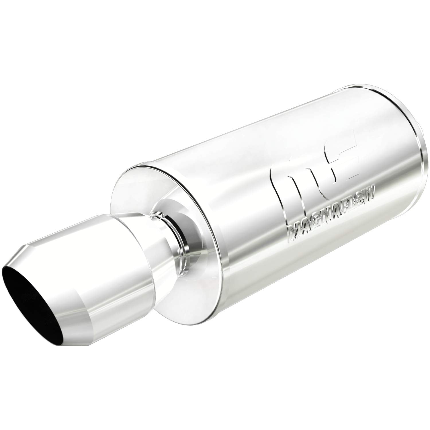 Performance MagnaFlow Exhaust Muffler 14836: 2.25"/4.5" Inlet/Outlet, 7x7x14" Round, Stainless Steel, Brushed Finish