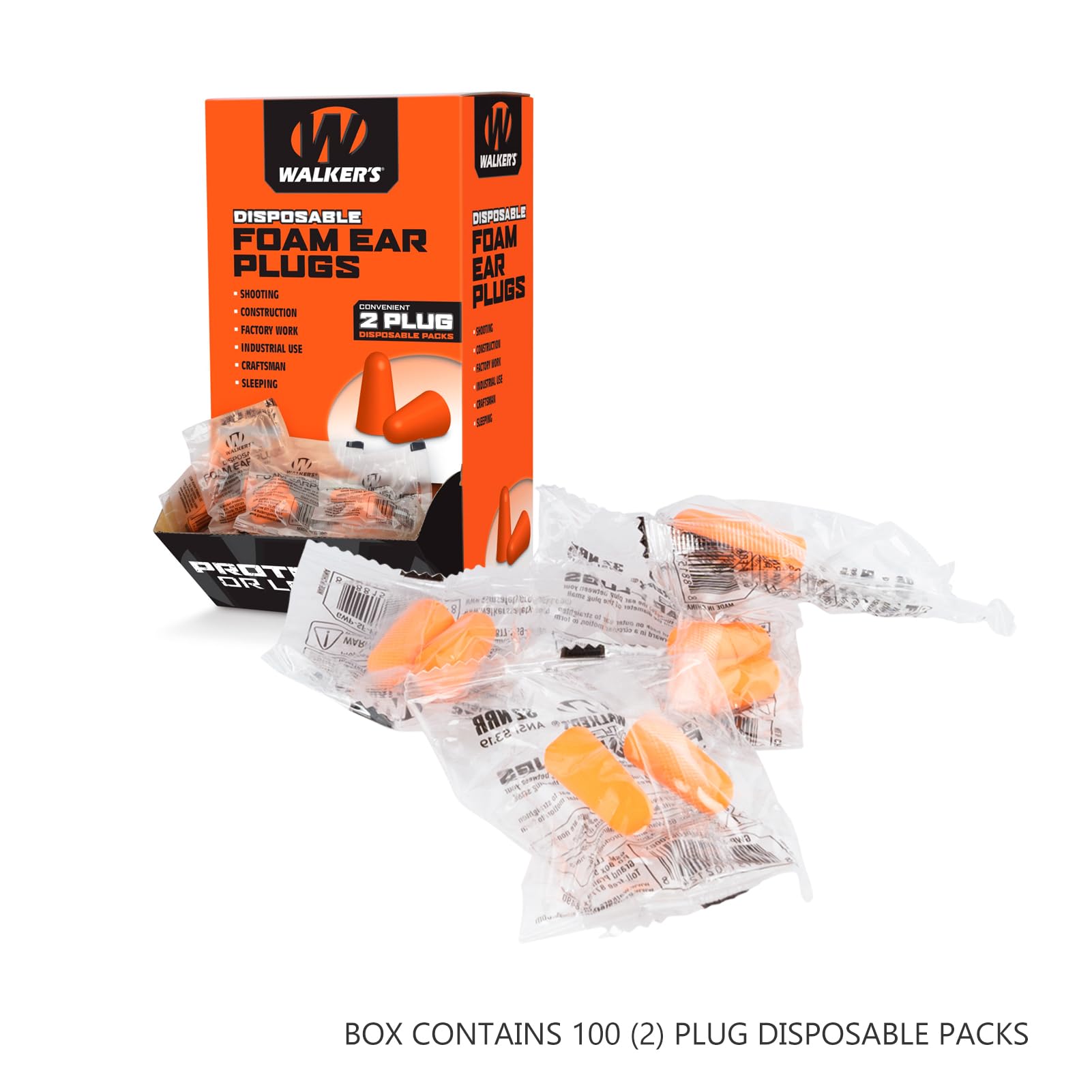 Walker's 200 Pair Box Foam Ear Plugs Counter Display, 32dB NRR Sound Suppressing Soft PU Foam Hearing Protection Range Shooting Hunting Loud Environments Adaptable Earplugs