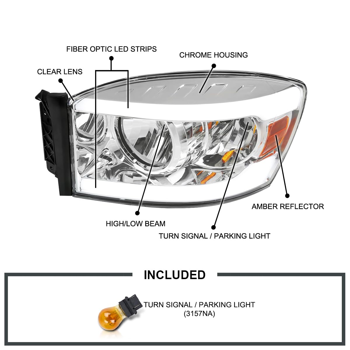 Chrome Headlights SPEC-D TUNING w/LED Bar Compatible with 2006-2008 Dodge Ram 1500/2500 / 3500, 2007-2009 Dodge Ram 2500/3500, Left + Right Pair Headlamps Assembly