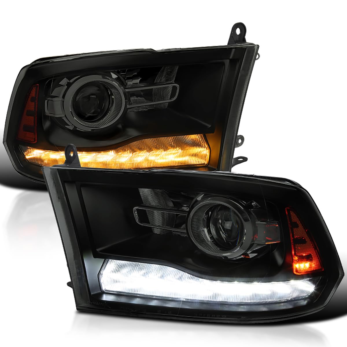Black Smoke SPEC-D TUNING Projector Headlights + Sequential Switchback LED Signal Strip Compatible with 2009-18 Dodge RAM 1500/2500/3500, 2019-24 Dodge RAM 1500 Left + Right Pair Headlamps Assembly
