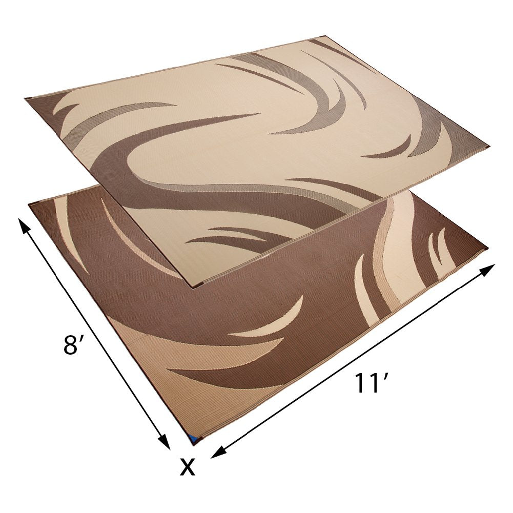 Camping Stylish SD8117 8-Feet x 11-Feet Graphic Swish Outdoor RV Reversible Patio Mat, Brown/Tan