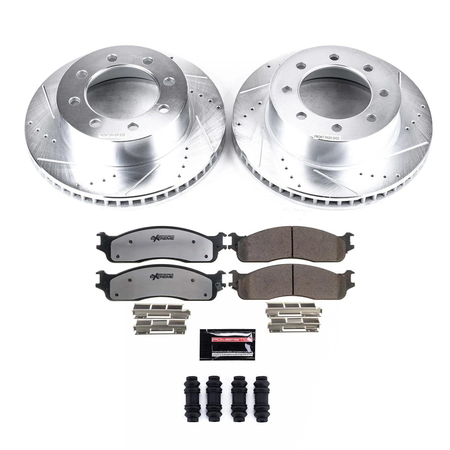 Power Stop Front Brake Kit For 2006 2007 2008 Dodge Ram 1500 2003 2004 2005 2006 2007 2008 Dodge Ram 2500 - Carbon Fiber Ceramic Brake Pads & Truck & Tow Drilled & Slotted Rotors Replacement, K2203-36