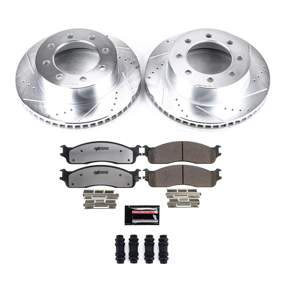 Power Stop Front Brake Kit For 2006 2007 2008 Dodge Ram 1500 2003 2004 2005 2006 2007 2008 Dodge Ram 2500 - Carbon Fiber Ceramic Brake Pads & Truck & Tow Drilled & Slotted Rotors Replacement, K2203-36