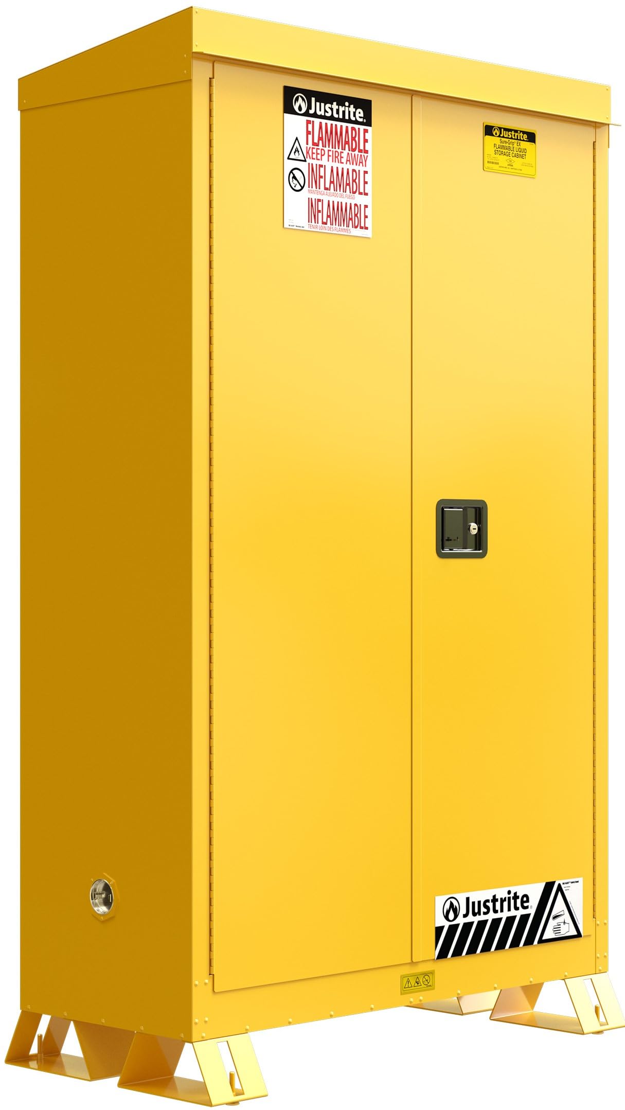 Justrite Outdoor Reinforced Steel Flammable Liquid Storage Cabinet, 2 Shelves with 350 lb. Capacity, 2 Self-Close Door Fire Cabinet, 45 Gallon, 65"x 43"x 18", Made in The USA, Yellow, 814520